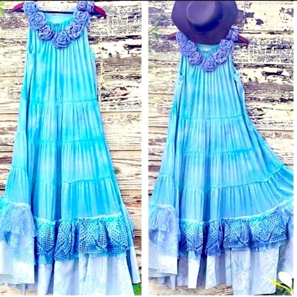 Floral Rosette Neck Sleeveless Blue Mermaid Summer Ruffled Maxi Dress - Picture 1 of 4